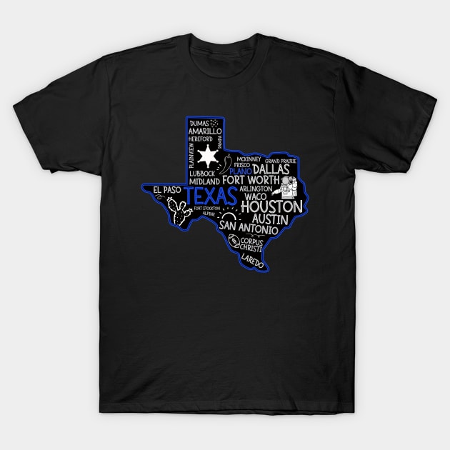 Plano Texas cute map Houston San Antonio Dallas Austin Fort Worth El Paso T-Shirt by BoogieCreates